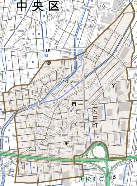 上石田町とその周辺の地図。町の範囲を重ねている