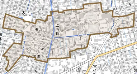 上西町とその周辺の地図。町の範囲を重ねている
