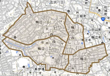 鴨江とその周辺の地図。町の範囲を重ねている
