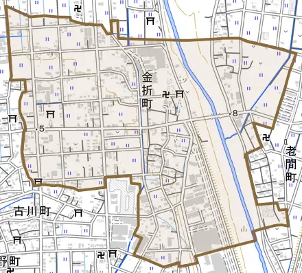 金折町とその周辺の地図。町の範囲を重ねている