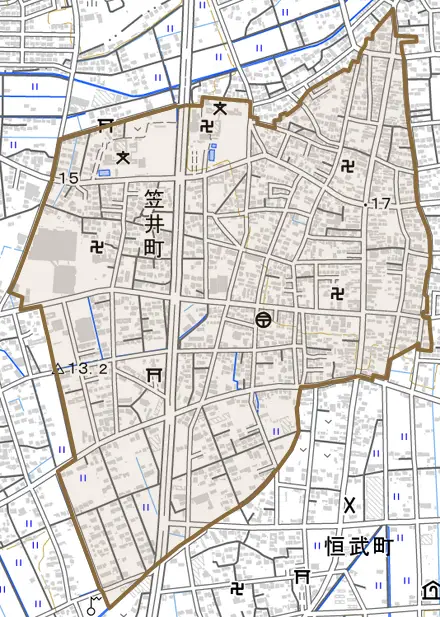 笠井町とその周辺の地図。町の範囲を重ねている