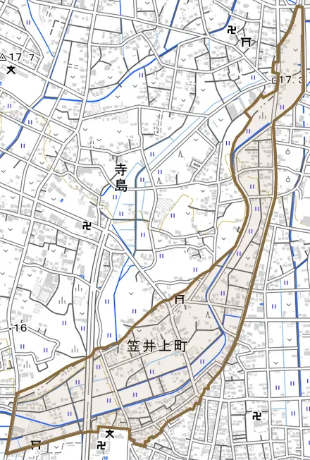 笠井上町とその周辺の地図。町の範囲を重ねている