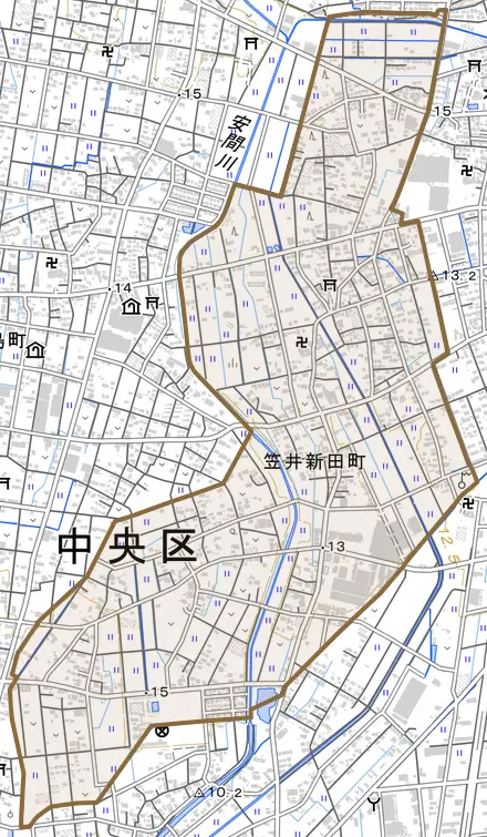 笠井新田町とその周辺の地図。町の範囲を重ねている