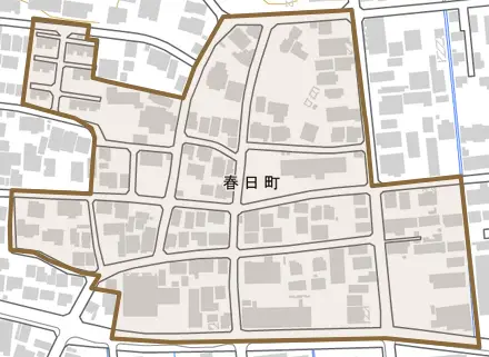 春日町とその周辺の地図。町の範囲を重ねている