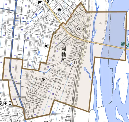 河輪町とその周辺の地図。町の範囲を重ねている