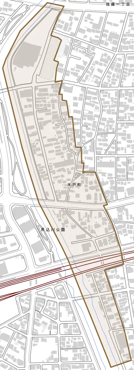 木戸町とその周辺の地図。町の範囲を重ねている
