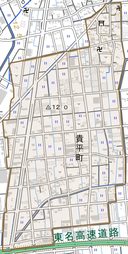 貴平町とその周辺の地図。町の範囲を重ねている