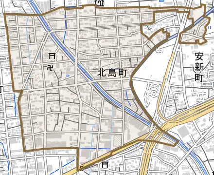 北島町とその周辺の地図。町の範囲を重ねている