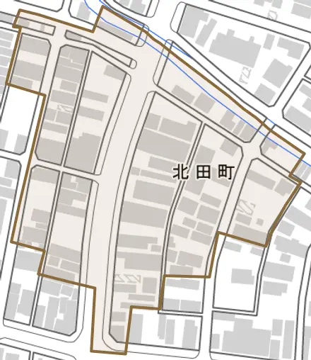 北田町とその周辺の地図。町の範囲を重ねている