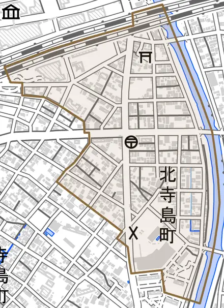 北寺島町とその周辺の地図。町の範囲を重ねている