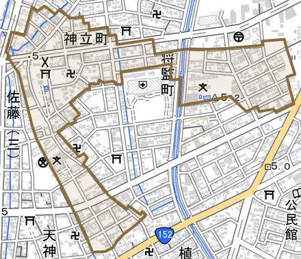 神立町とその周辺の地図。町の範囲を重ねている