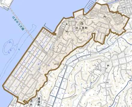 古人見町とその周辺の地図。町の範囲を重ねている