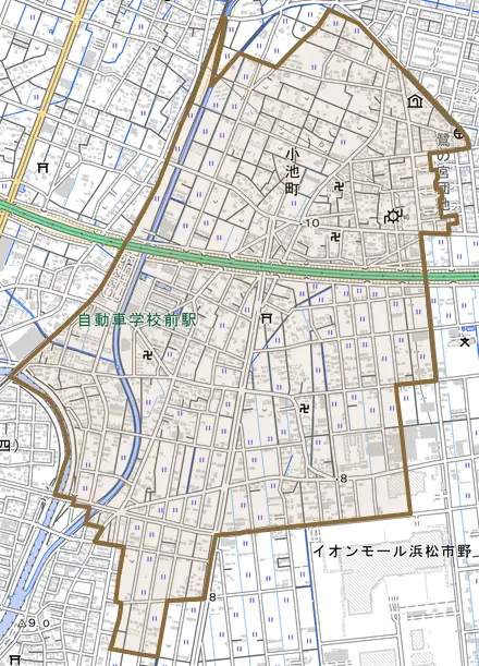 小池町とその周辺の地図。町の範囲を重ねている