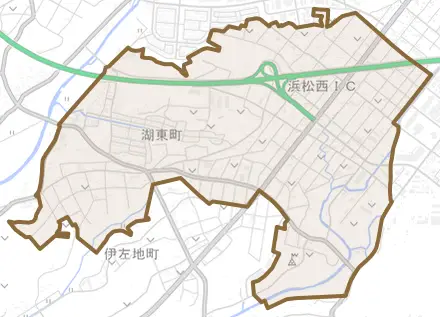 湖東町とその周辺の地図。町の範囲を重ねている