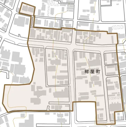 紺屋町とその周辺の地図。町の範囲を重ねている
