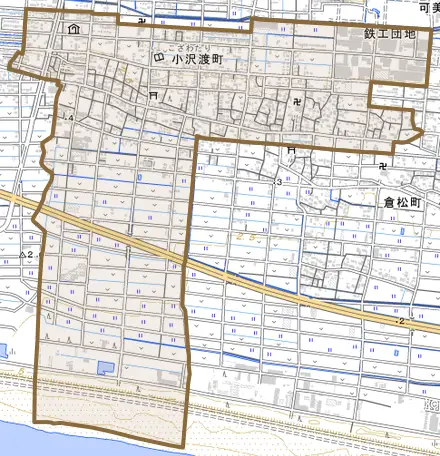 小沢渡町とその周辺の地図。町の範囲を重ねている