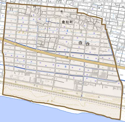 倉松町とその周辺の地図。町の範囲を重ねている