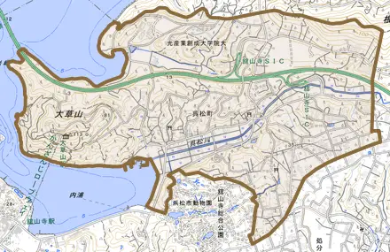 呉松町とその周辺の地図。町の範囲を重ねている