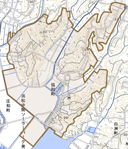 協和町とその周辺の地図。町の範囲を重ねている