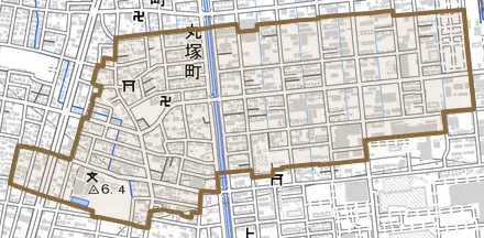 丸塚町とその周辺の地図。町の範囲を重ねている