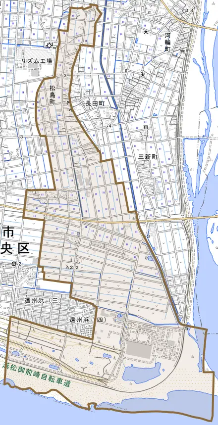 松島町とその周辺の地図。町の範囲を重ねている