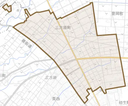 三方原町とその周辺の地図。町の範囲を重ねている