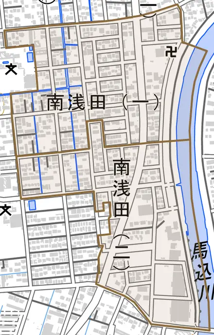 南浅田とその周辺の地図。町の範囲を重ねている
