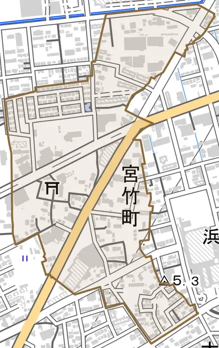 宮竹町とその周辺の地図。町の範囲を重ねている