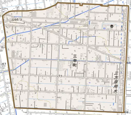 三幸町とその周辺の地図。町の範囲を重ねている
