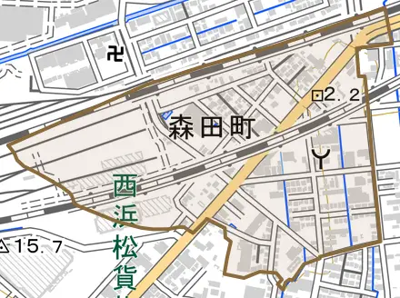 森田町とその周辺の地図。町の範囲を重ねている