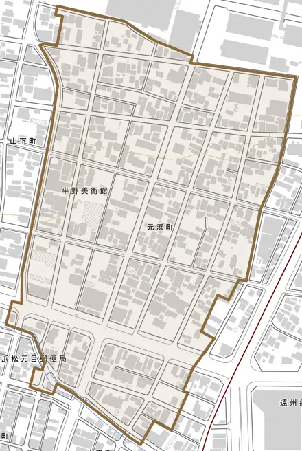 元浜町とその周辺の地図。町の範囲を重ねている