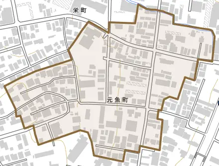 元魚町とその周辺の地図。町の範囲を重ねている