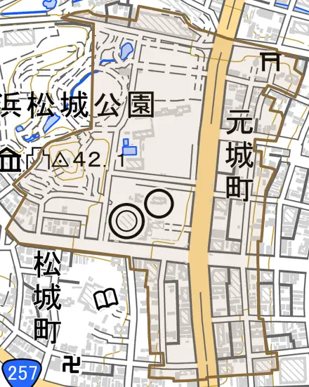元城町とその周辺の地図。町の範囲を重ねている