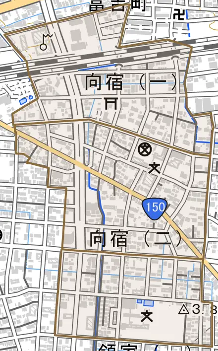 向宿とその周辺の地図。町の範囲を重ねている