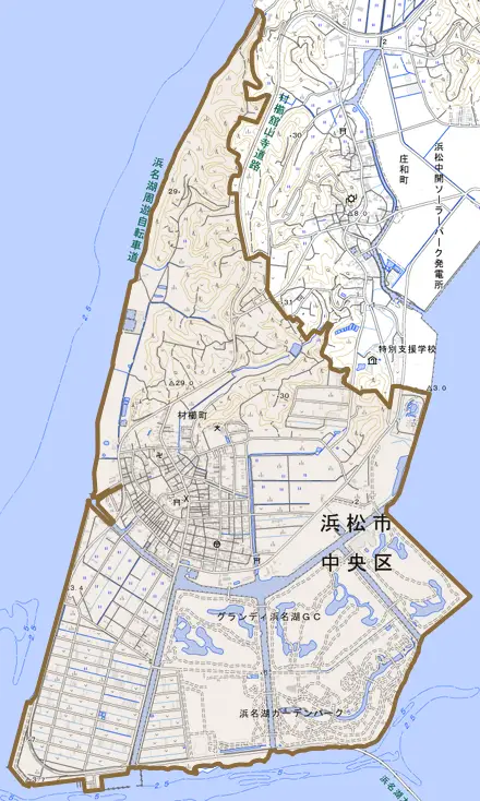 村櫛町とその周辺の地図。町の範囲を重ねている