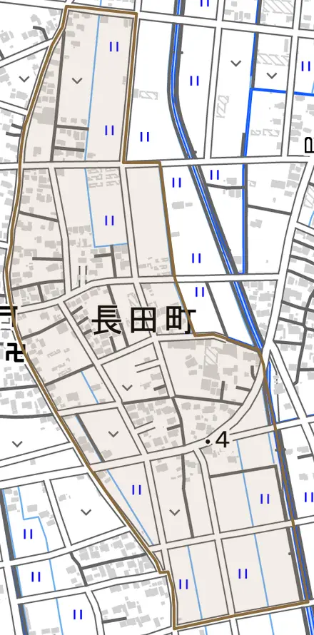 長田町とその周辺の地図。町の範囲を重ねている