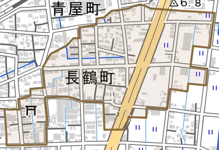 長鶴町とその周辺の地図。町の範囲を重ねている