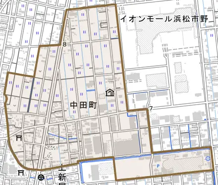 中田町とその周辺の地図。町の範囲を重ねている