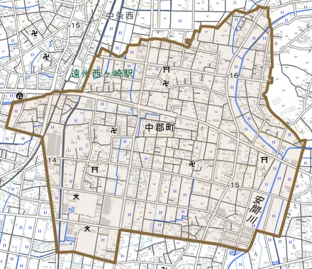 中郡町とその周辺の地図。町の範囲を重ねている