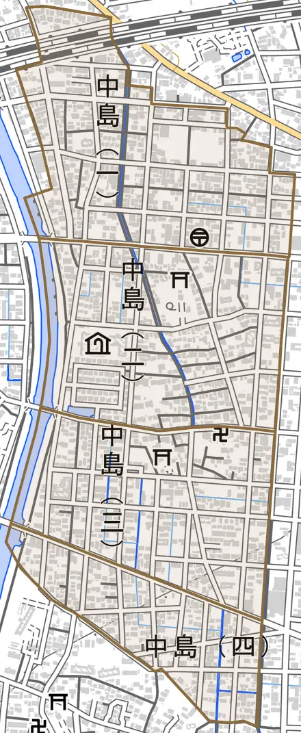 中島とその周辺の地図。町の範囲を重ねている