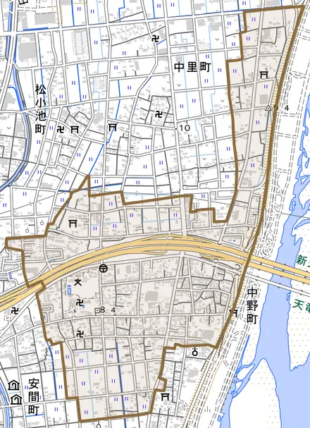 中野町とその周辺の地図。町の範囲を重ねている