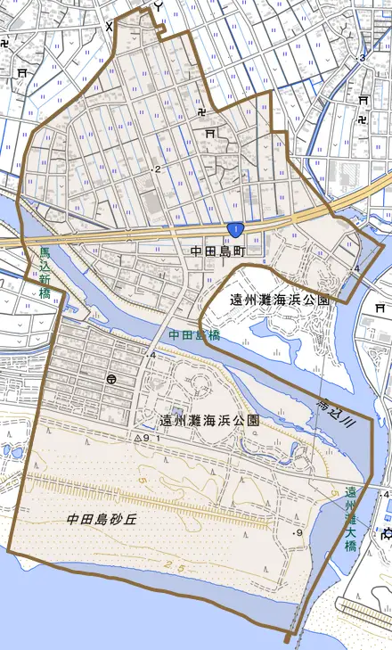 中田島町とその周辺の地図。町の範囲を重ねている