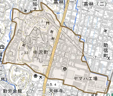 中沢町とその周辺の地図。町の範囲を重ねている