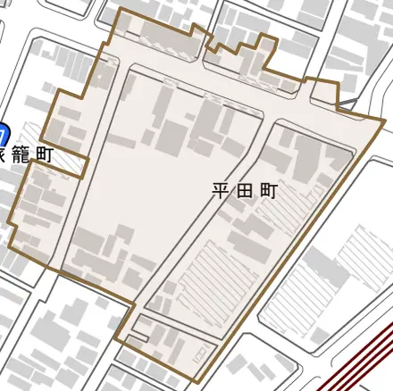 平田町とその周辺の地図。町の範囲を重ねている