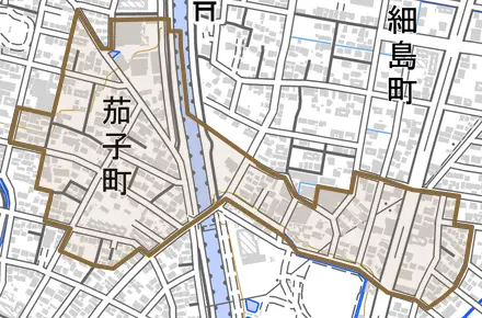 茄子町とその周辺の地図。町の範囲を重ねている