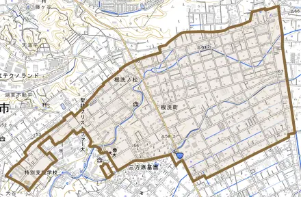 根洗町とその周辺の地図。町の範囲を重ねている