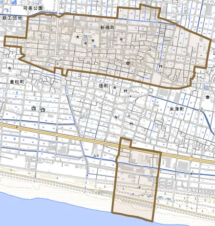 新橋町とその周辺の地図。町の範囲を重ねている