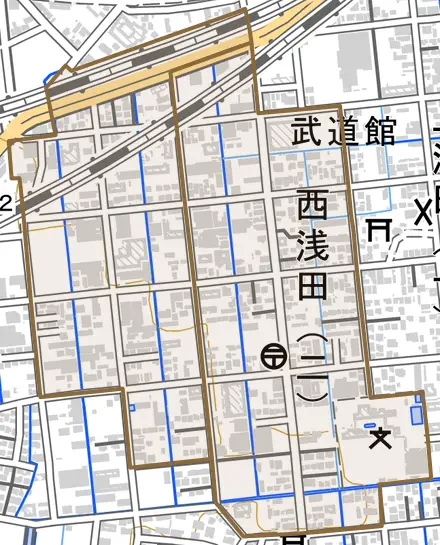 西浅田とその周辺の地図。町の範囲を重ねている