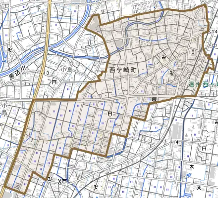 西ケ崎町とその周辺の地図。町の範囲を重ねている