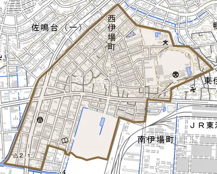 西伊場町とその周辺の地図。町の範囲を重ねている